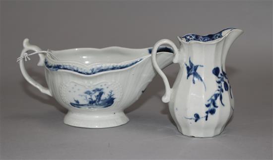 A Worcester blue and white little fisherman pattern sauceboat, and a Worcester Hollow Rock Lily pattern cream jug
